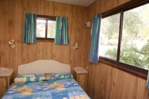 图洛斯海德Tuross Lakeside Holiday Park的一间卧室设有一张床和两个窗户。