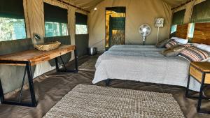 楚梅布ZuriCamp - Tent Amani的卧室配有一张床、一张书桌和窗户。