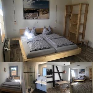 RailaLandgasthof Wetteraperle的卧室配有一张床和一间浴室的三幅图片