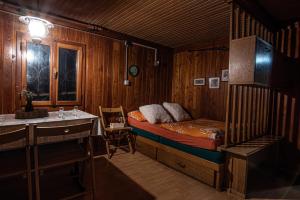 卡姆尼克Chalet Gasparjeva Velika Planina的一间卧室配有一张床和一个水槽