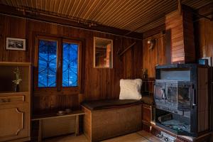 卡姆尼克Chalet Gasparjeva Velika Planina的一间带炉灶和窗户的客厅