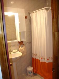安加罗阿Turismo Vinapu的浴室配有淋浴帘和盥洗盆。