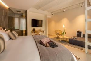 巴塞罗那奥拉埃克赞普酒店的一间带大床的卧室和一间客厅