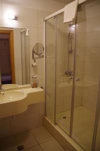 布加勒斯特Mari Vila Hotel的带淋浴和盥洗盆的浴室
