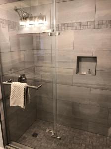 洛基港海景酒店的带淋浴的浴室和玻璃门