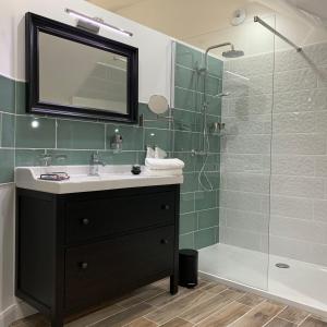 VilleblevinSylina Spa avec Jacuzzi Privé的浴室配有盥洗盆和带镜子的淋浴