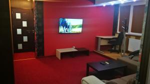 布加勒斯特CoquetteHouse Gara de Nord的客厅设有红色墙壁,配有电视