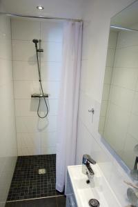 弗莱堡Baumhaus Freiburg的带淋浴、盥洗盆和镜子的浴室