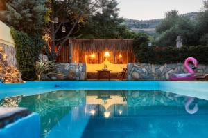 FoinikiáDM Elegant and Charming Villa的一个带桌子和粉红色火烈鸟的游泳池