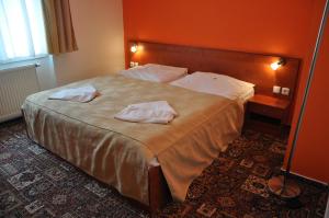 布拉格城市中心豪华酒店的一间卧室配有一张大床和两条毛巾