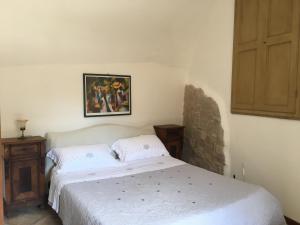 蒙特圣玛丽亚－蒂贝里纳CASA AZZURRA MONTE SANTA MARIA TIBERINA的卧室配有一张床,墙上挂着一幅画