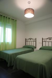 昆卡APARTAMENTOS LA VEREDA的客房设有两张带绿床单和灯具的床。