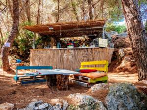 希马拉THE SEA CAVE CAMPING的树林里的野餐桌和椅子