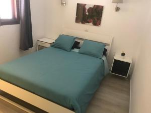 卡门港Panelolanza的一间卧室配有一张带蓝色枕头的大床