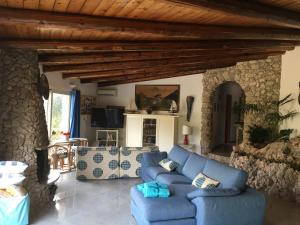 Villa TargiaVilla Federica的客厅设有蓝色的沙发和石墙