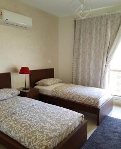 开罗Hayat Al-Rehab Apartment的一间卧室设有两张床和窗户。