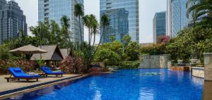 雅加达丽思卡尔顿酒店雅加达太古广场公寓的一座带两把蓝色椅子的游泳池,一座高大的建筑