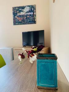 克卢日-纳波卡Brickyard Apartments Cluj的花瓶,桌子上放着鲜花,电视