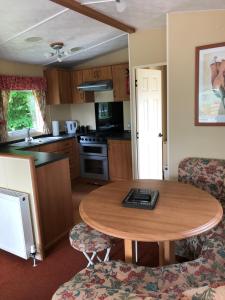 达农62 Glenfinart Caravan Park的厨房配有木桌、椅子和桌子