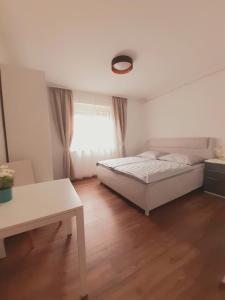 圣卡尼兹Ferienwohnung Martinschitz的一间卧室配有一张床、一张桌子和一个窗户。