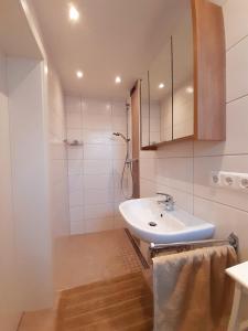 圣卡尼兹Ferienwohnung Martinschitz的白色的浴室设有水槽和淋浴。