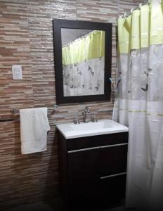 特尔马斯德里奥翁多LA CABAÑA的一间带水槽和淋浴帘的浴室