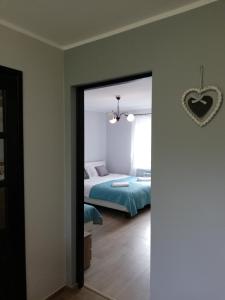 什奇特诺Leśny Apartament的一间卧室配有一张床和镜子