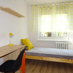 托伦Mieszkanie 4-pokojowe w Toruniu przy UMK的一间卧室配有一张床、一张书桌和一个窗户。