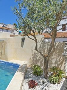 科莱拉Villa Mon Repos的一座建筑物旁的游泳池旁的树