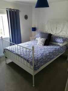尤托克西特Olive Tree Guest House的一间卧室配有一张带蓝色和白色棉被的床