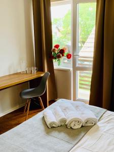 莫申Водограй, курортна вілла的一间卧室配有一张带书桌的床和窗户。