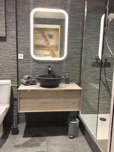 斯特拉斯堡Carpe Diem Home - Au pied de la Cathédrale的浴室设有水槽、镜子和淋浴