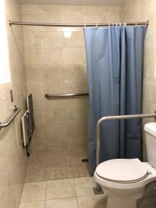 迈阿密雷蒙娜汽车旅馆的带淋浴、卫生间和蓝色浴帘的浴室