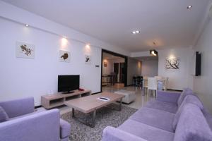哥打京那巴鲁Likas Square - KK Apartment Suite的客厅配有两张紫色沙发和一台电视机