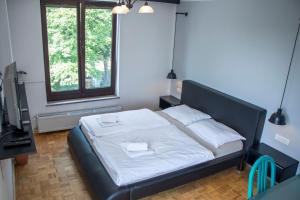 卢布尔雅那Guest House Park Žibert的一间卧室配有一张带白色床单的床和电视。