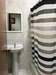 利马Hostal Parisuite的一间带水槽和淋浴帘的浴室