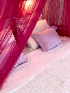 皮索利瓦迪Elena Studios & Apartments的床上配有粉红色蚊帐