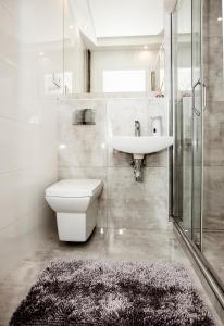 杰尔若纽夫Super komfortowe mieszkanie - MTB Narty Góry Sowie的浴室配有卫生间、盥洗盆和淋浴。