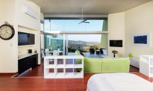 贝利赫山度假屋的一间卧室设有绿色沙发和大窗户