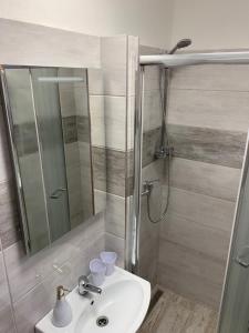 米库洛夫Mikulov - Inn - hotel s vinným sklepem Venuše的浴室配有盥洗盆和带镜子的淋浴