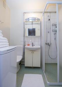 瓦萨Kotimaailma Apartments Vaasa的浴室配有卫生间、盥洗盆和淋浴。