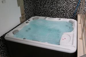 奥利维拉多霍斯比托Hotel Solar do Rebolo的浴室设有装满蓝色水的浴缸。
