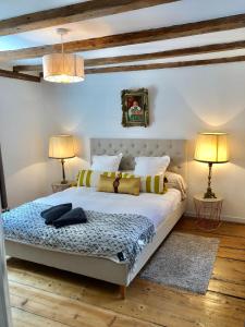 斯特拉斯堡Carpe Diem Home - Au pied de la Cathédrale的一间卧室配有一张大床和两盏灯