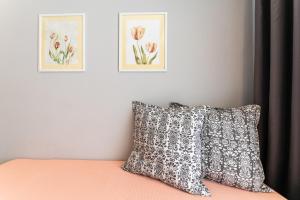 尼亚普拉莫斯Lofos Apartments的一张带枕头的床和墙上的两张照片