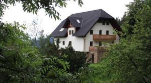 卢斯Farmstay Hiša Pečovnik的黑色屋顶的大型白色房屋
