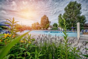 切尔塞格托毛伊多布谷马耶尔俱乐部高级酒店的一座带桥梁和鲜花的游泳池