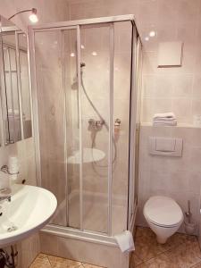 格拉斯布伦林登霍夫膳食公寓酒店的带淋浴、卫生间和盥洗盆的浴室
