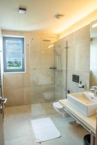 波普拉德水城四季酒店的带淋浴、盥洗盆和卫生间的浴室