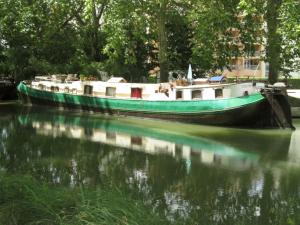 拉蒙维尔圣阿尼studio sur péniche La Tortue的船停靠在河上,倒映在河里