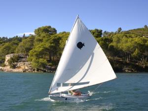 韦尔东的埃斯帕隆伊斯帕隆城堡酒店的水面上乘着白色帆船的人